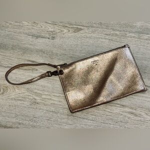NEW Fossil Metallic Rose Gold Genuine Cowhide Leather Zip Clutch Wristlet